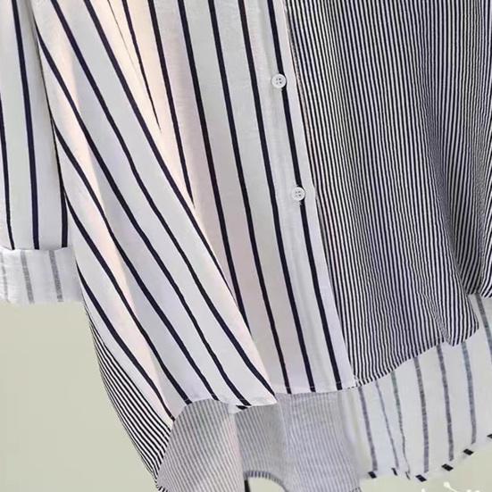 Damska koszula w paski, krótki przód i długi tył, klapy, długi rękaw, jednorzędowa, dopasowanie kolorystyczne, luźna, codzienna, do pracy, bluzka