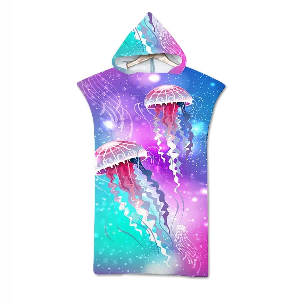 Jelly Fish Bath Beach Towel with Hood Microfiber Soft Hooded Robe Towel Poncho for Swimming Beach Surf Woman Bathrobe Beachwear
