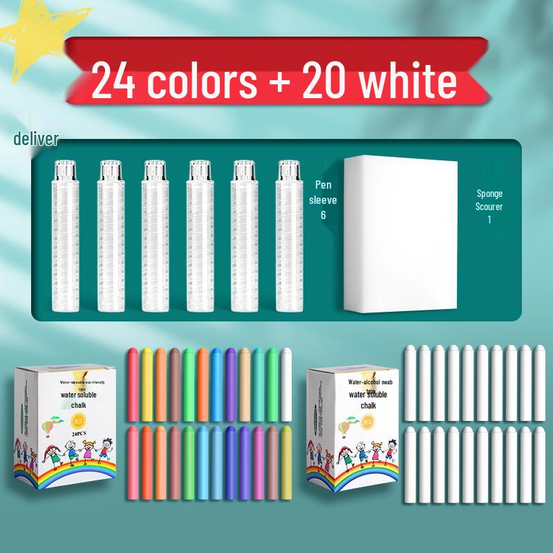 Large Dustless Erasable Chalk Set - Water-Soluble, Colored & White for Teachers & Kids