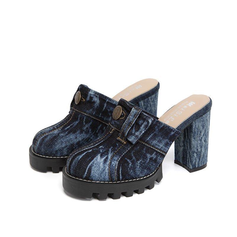 Europe, America, large size bag head half drag women's spring and summer new thick heels wear high heels cool slippers denim style muller shoes