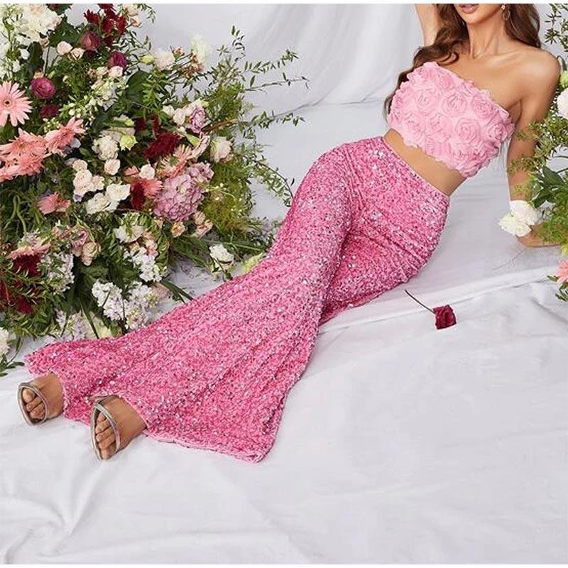 Sexy Women Nightclub Elastic High Waist Casual Loose Wide Leg Glitter Sequin Bell Bottom Pants 2025 New Female Party Trousers