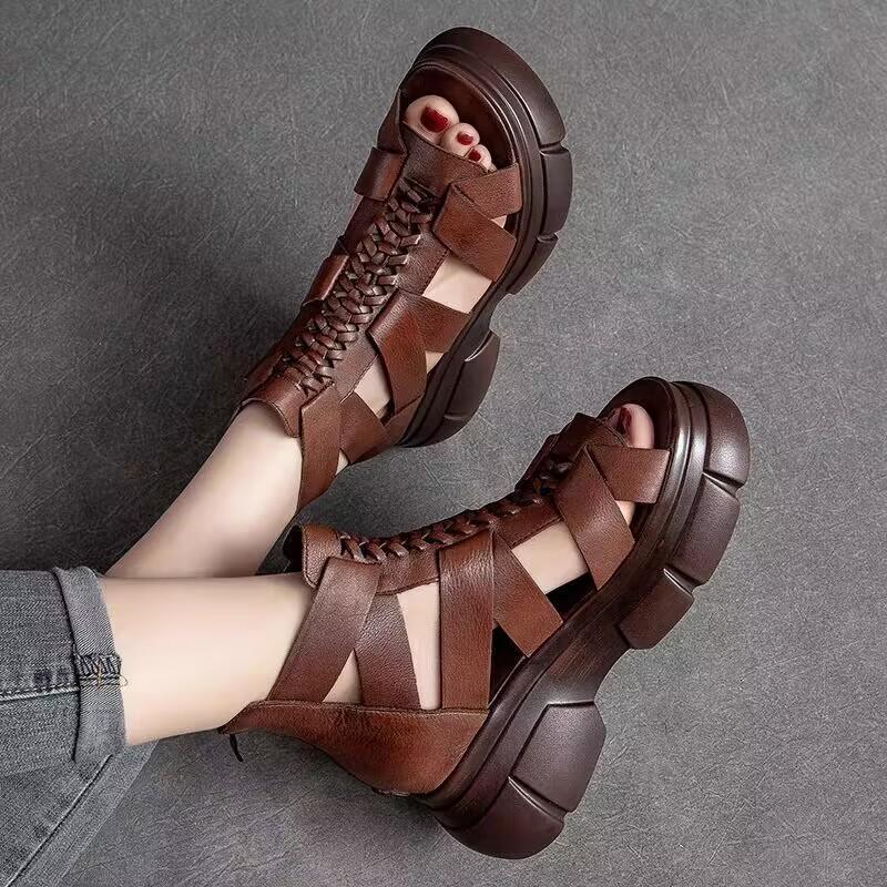 Summer 2025 New Style Women's Thick-soled Anti-slip Hollowed-out Ankle Boots Roman Shoes Open-toe High-top Women's Sandals