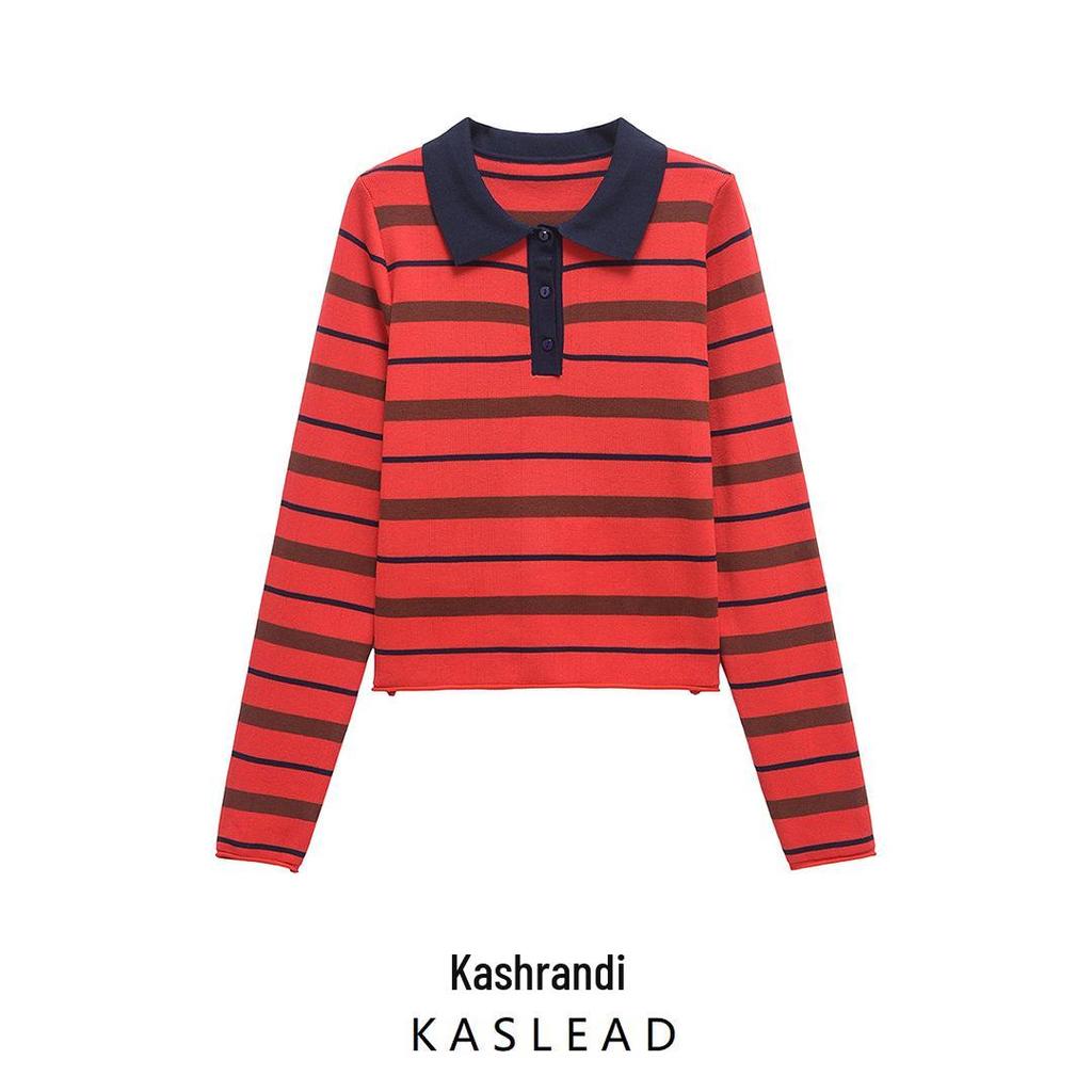 Spring 2025 Women's European & American Style Striped Polo Collar Long Sleeve Knitted Top