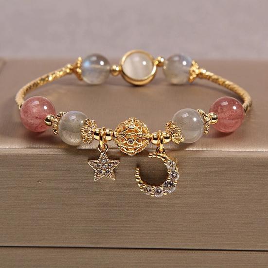 1 Pair Women Bracelet Smooth Bead Faux Agate Polished Star Moon Pendant Rhinestone Adjustable Shopping Work Party Dating Wrist Chain Lady Jewelry