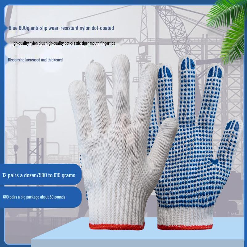600g Protiskluzové pracovní rukavice z nylonové bavlny s tečkovaným úchopem