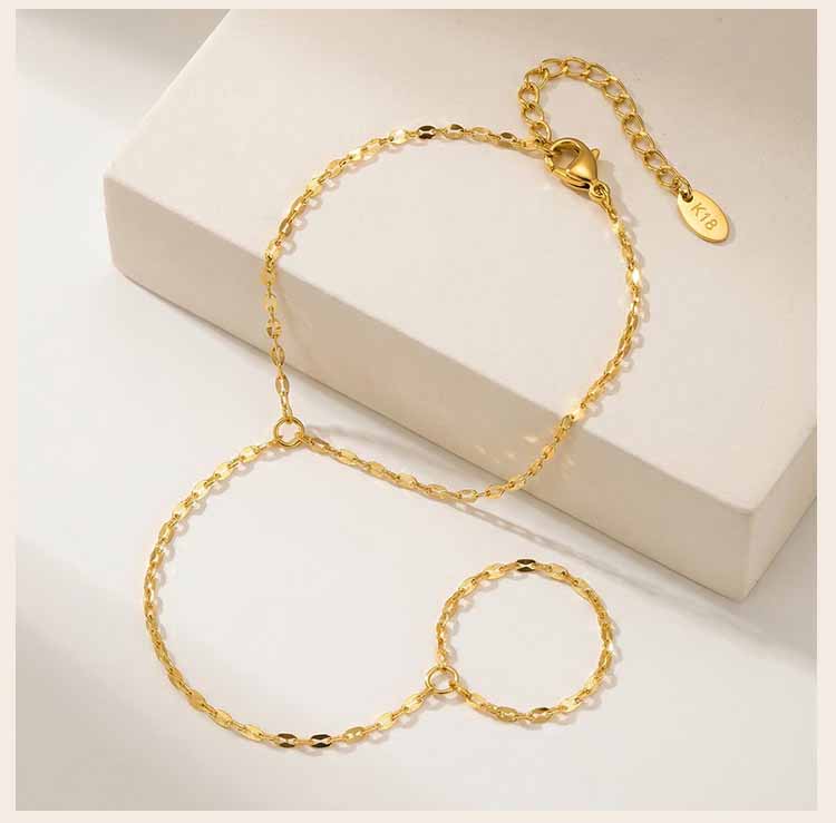 Stainless Steel Finger Ring Bracelet for Women, 18K Gold Plated Waterproof Hand Chain Tarnish Free