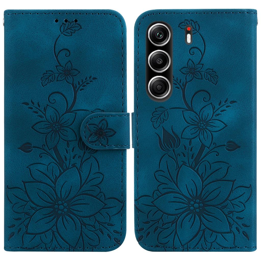 For TECNO Camon 40 Pro 5G/4G Stand Case Lily Flower Imprint Leather Phone Cover with Wrist Strap