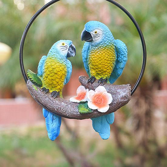 Parrot Pendant, Waterproof Resin Outdoor Garden Decoration with Iron Ring Suspension, Realistic Macaw Pair Hanging Ornament for Balcony Trees Indoor