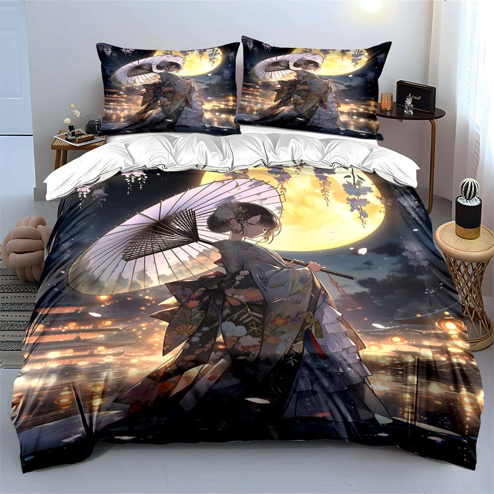 Kimono-clad girl under full moon Print Bedding Set 1 Duvet Cover 2 Pillowcases for Adult and Children Luxury Gift Full Size