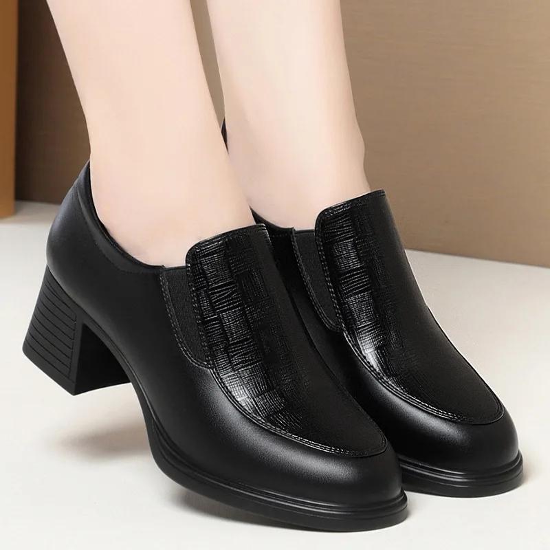 

4cm 5cm Vintage Med Block Heels Soft Leather Shoes Women Loafers 2025 Spring Breathable Black Platform Shoes for Office Mom 35