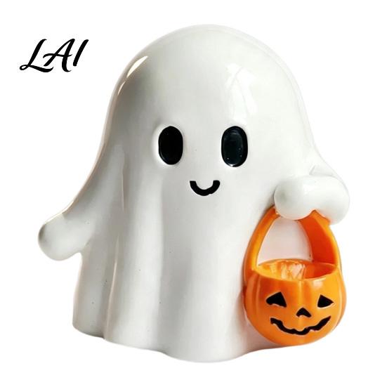 Small Ghost Sculpture Halloween Resin Figurine Creepy Witch Hat Statue Desktop Statue Pumpkin Reading Ornament for Holiday Party Decoration Figurine