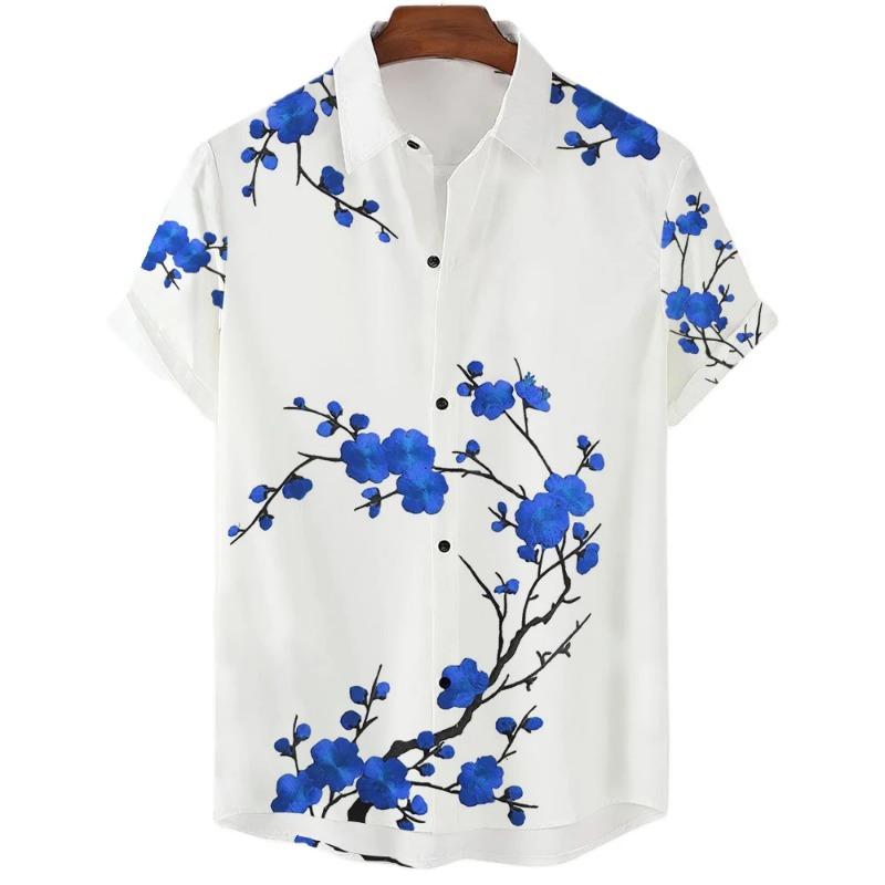 Fashionable Luxury Social Men's Shirt Lapel Button-down Shirt Casual Japanese Aesthetic Cherry Blossom Print Short-sleeved Tops