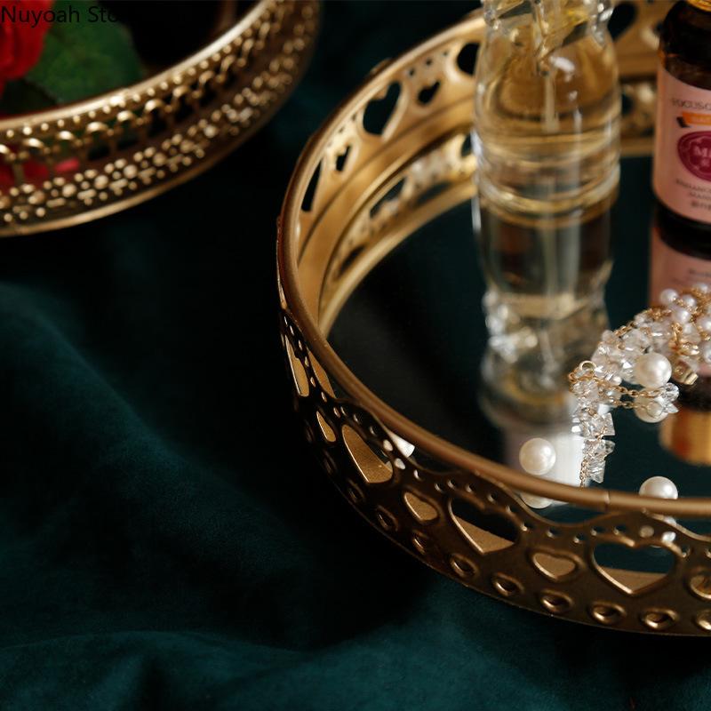 Nordic Light Luxury Style Golden Wrought Iron Glass Mirror Base Tray Living Room Desktop Jewelry Tray Household Storage Tray