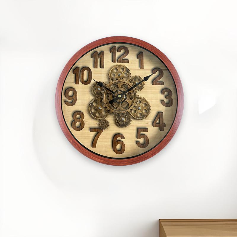 Retro Industrial Style Wood Grain Wall Clock Creative Gear Decoration Living Room Silent Clock Art Wall Decoration Clock