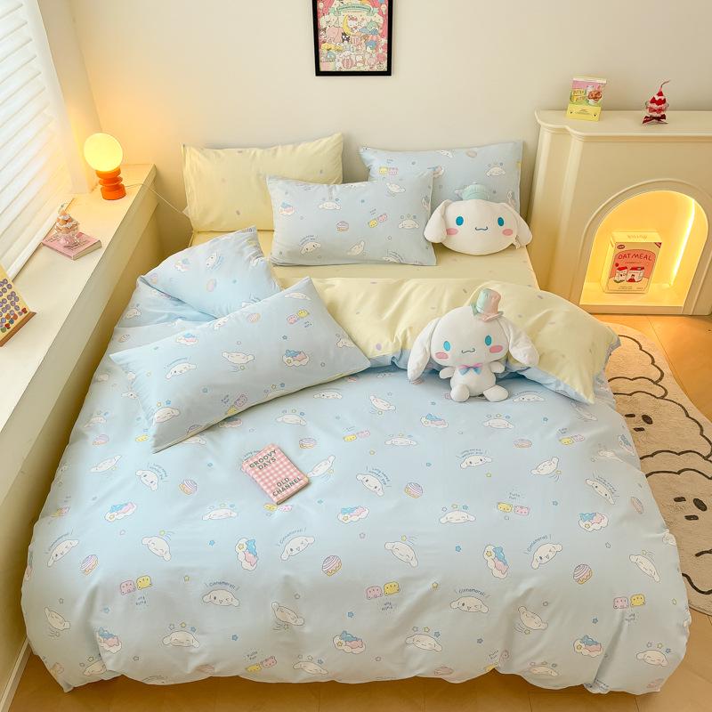 Hello Kitty All-Cotton Cute Cartoon Girl Fitted Sheet & Duvet Set - 4-Pc Dorm Style