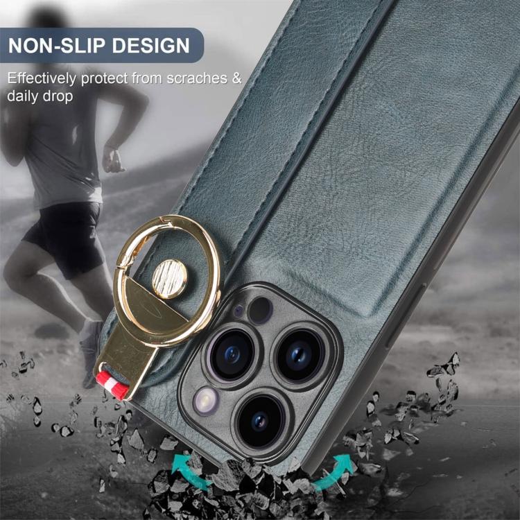 For iPhone 14 Pro Wristband Leather Back Phone Case