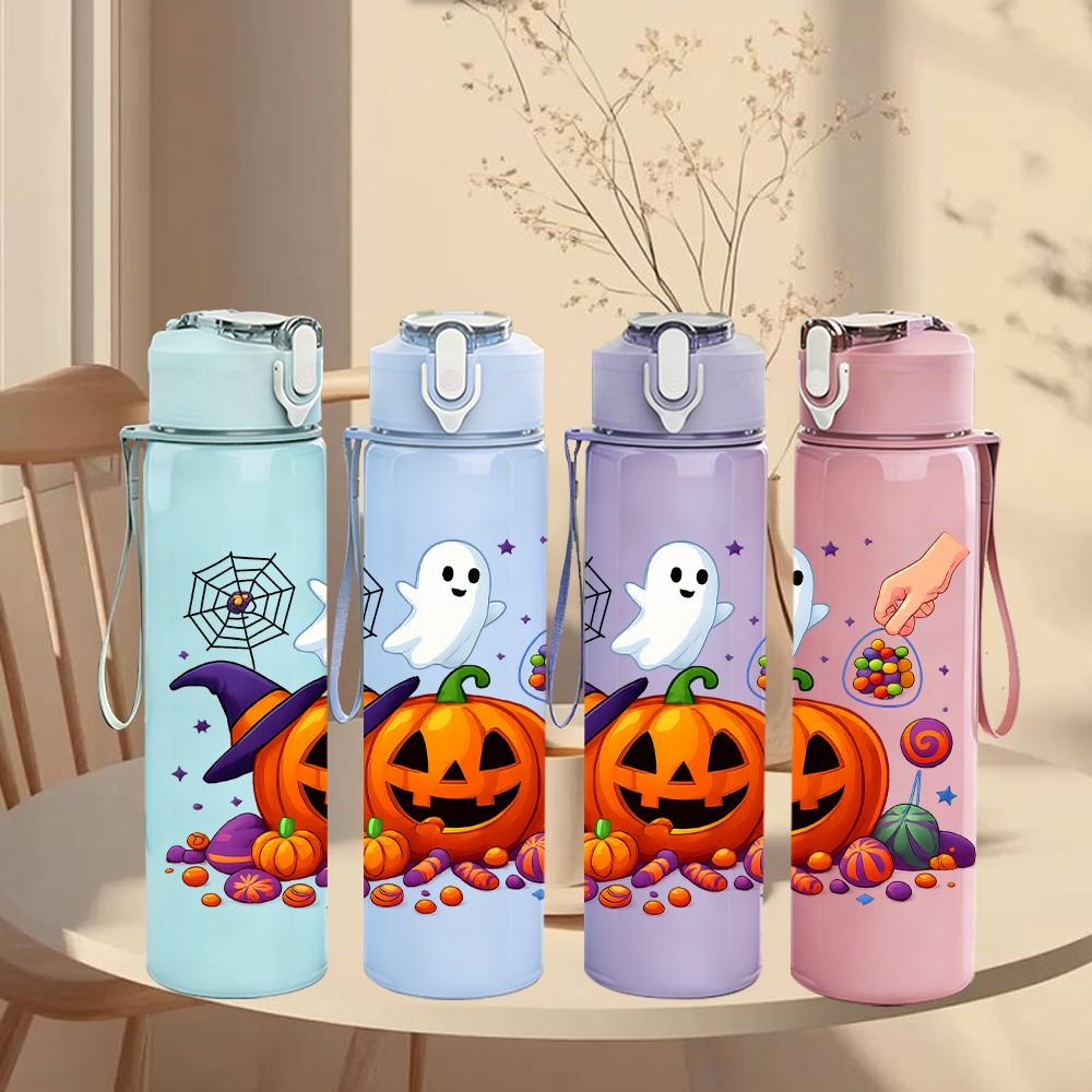 1PC Halloween Candy Pumpkin Print 750ml Color Plastic Sports Water Bottle Leakproof Flip Straw Lid Suitable for Sports Office Home Use