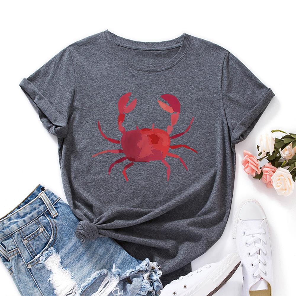 Fashion Women's Clothing Cute Crab Print Loose Crew Neck Short Sleeves T-Shirts Women’s