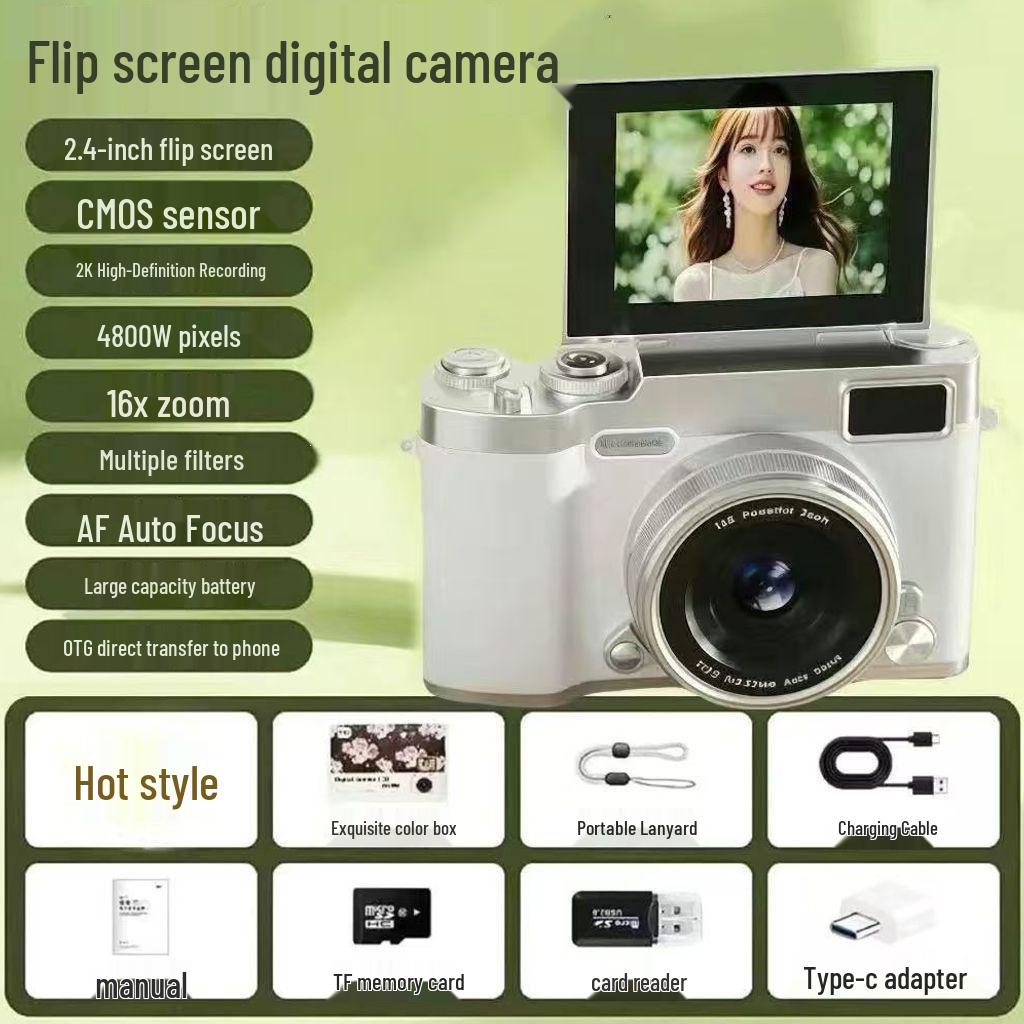 4K Digital Camera with Flip Screen for Selfies, 9600W HD High Pixel Quality