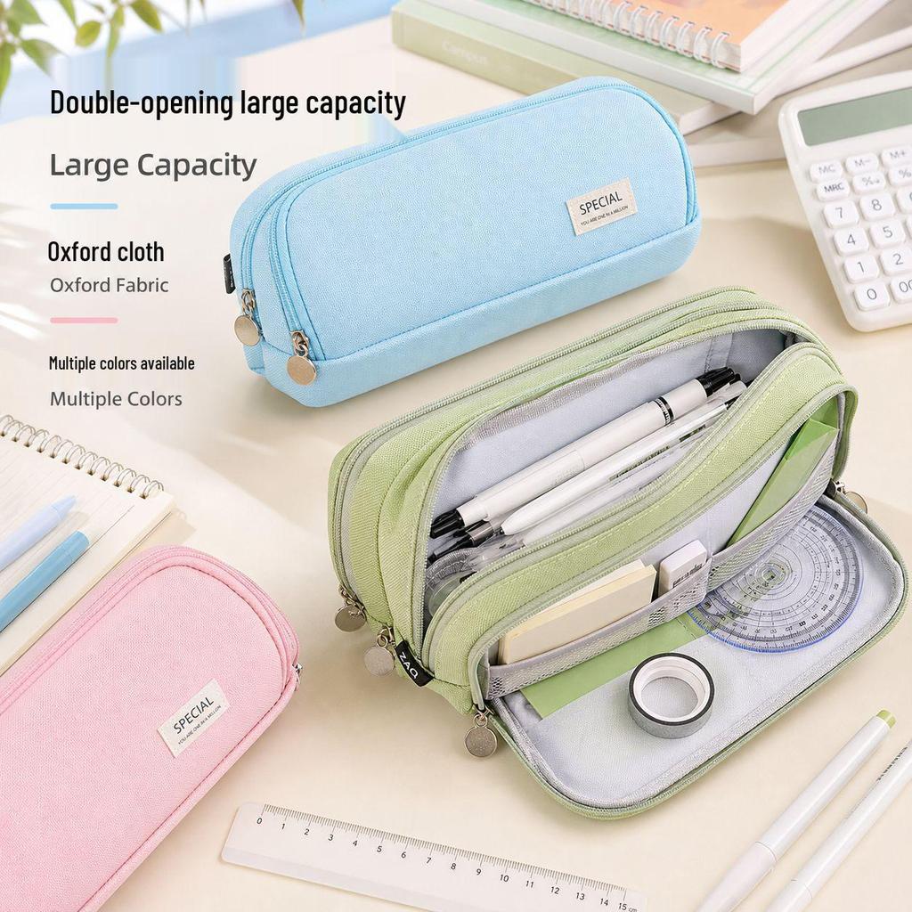 Macaron Color Double Zipper Large Capacity Pencil Bag - Dirt-Resistant Square Stationery Case for Students
