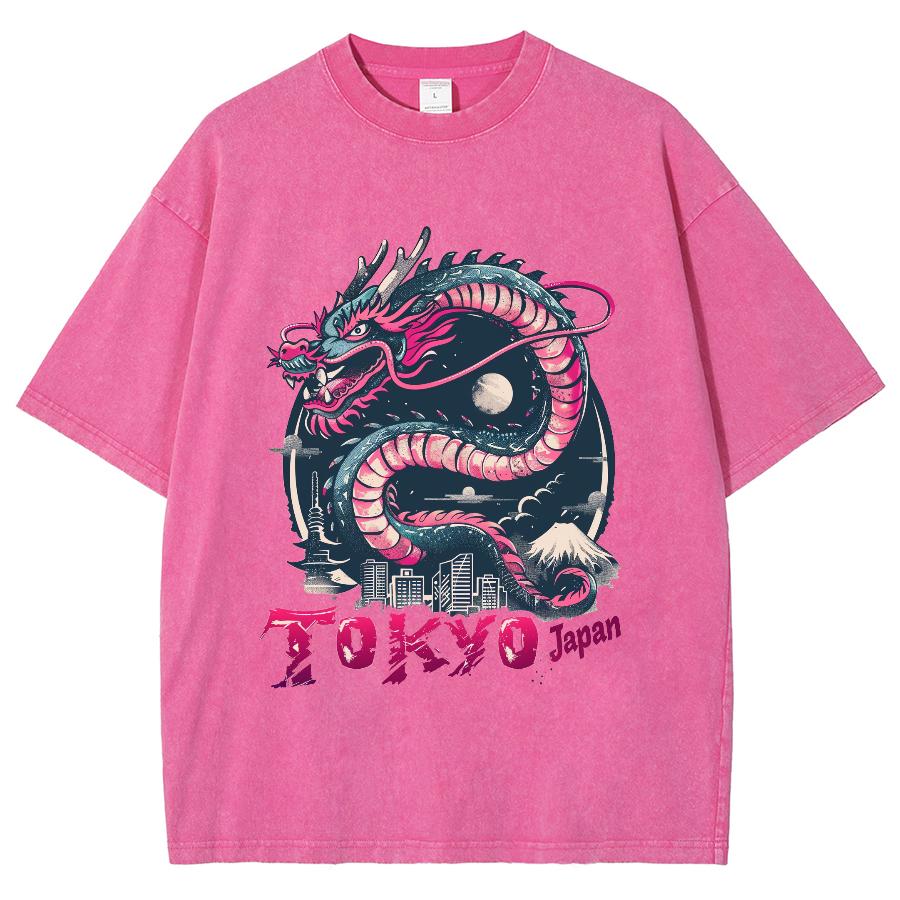 Japanische Cartoon Drache Tokio Buchstaben Print Damen T-Shirt Übergroß Gewaschene Baumwolle Halbarm Lockeres Design Street Top