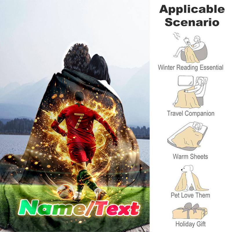 1PC Custom Name Soccer Player Action Outdooor Flannel Blankets Throw Blanket All-Season Throw Gift Bedspread for Couch, Bed, Camping Holiday Birthday 
