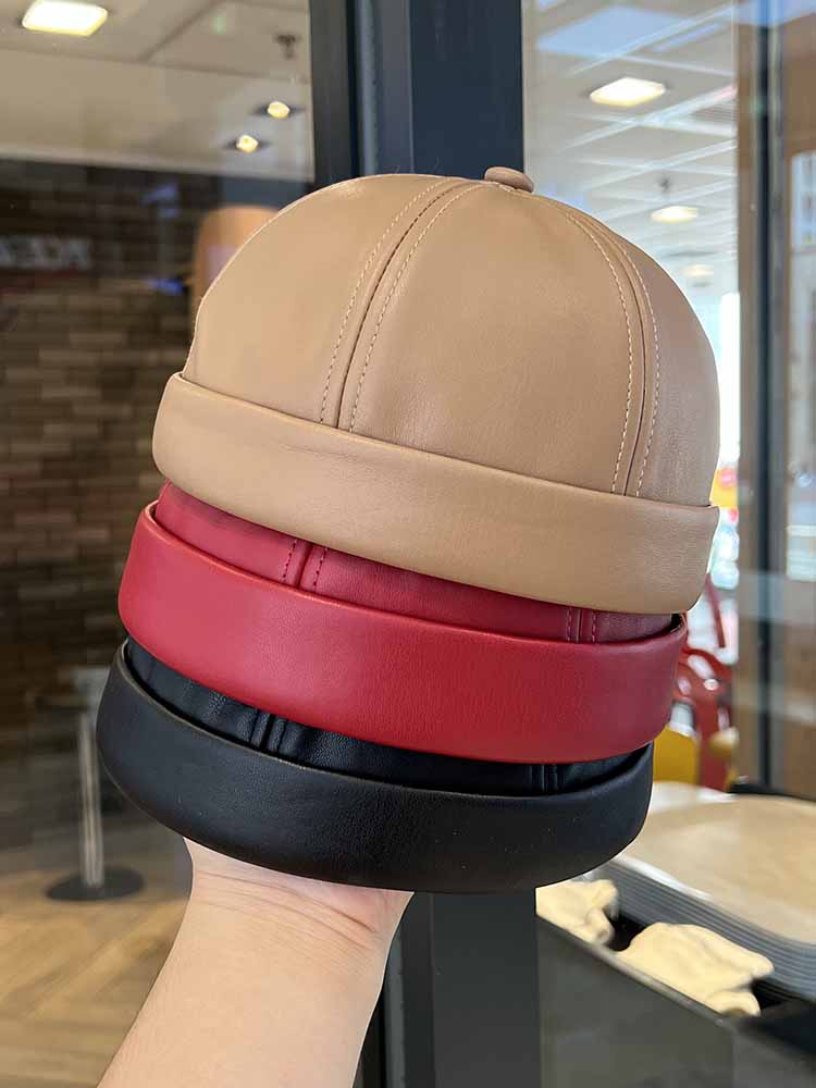 Spring and Summer Vintage Leather Landlord Hat with Adjustable Hip Hop and Brimless Melon Skin Hat Suitable for Men and Women