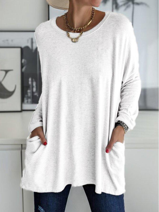 2023 Spring/Summer Women's Casual Solid Color Long Sleeve Round Neck Pocket T-Shirt