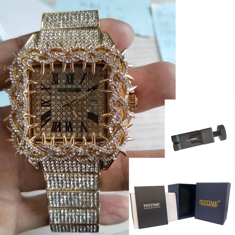 Y2k Watch For Men Fashion Luxury Gold Square Diamond Full Sky Star Male Clock Watches New Skeleton Flower Quartz Wristwatch
