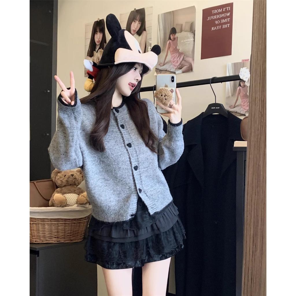Color Matching Love Button Long-sleeved Sweater Women's 1116 Spring and Autumn New Korean Loose Design Sense Niche Short Cardigan