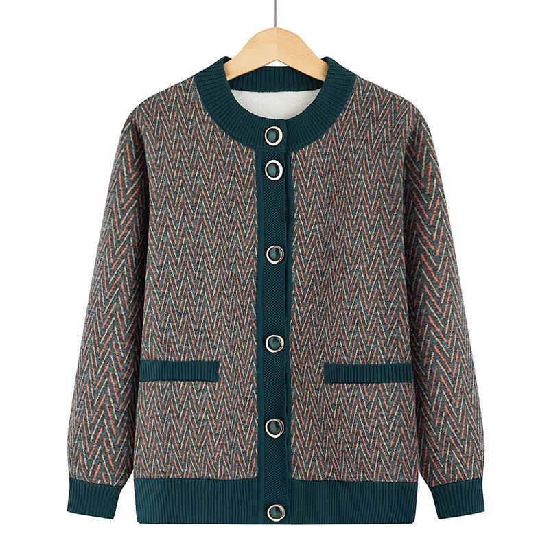 

Теплый кардиган на бархатной подкладке для женщин среднего и пожилого возраста - толстый зимний свитер для мам и бабушек XL (for 90-105 jin) зелёный