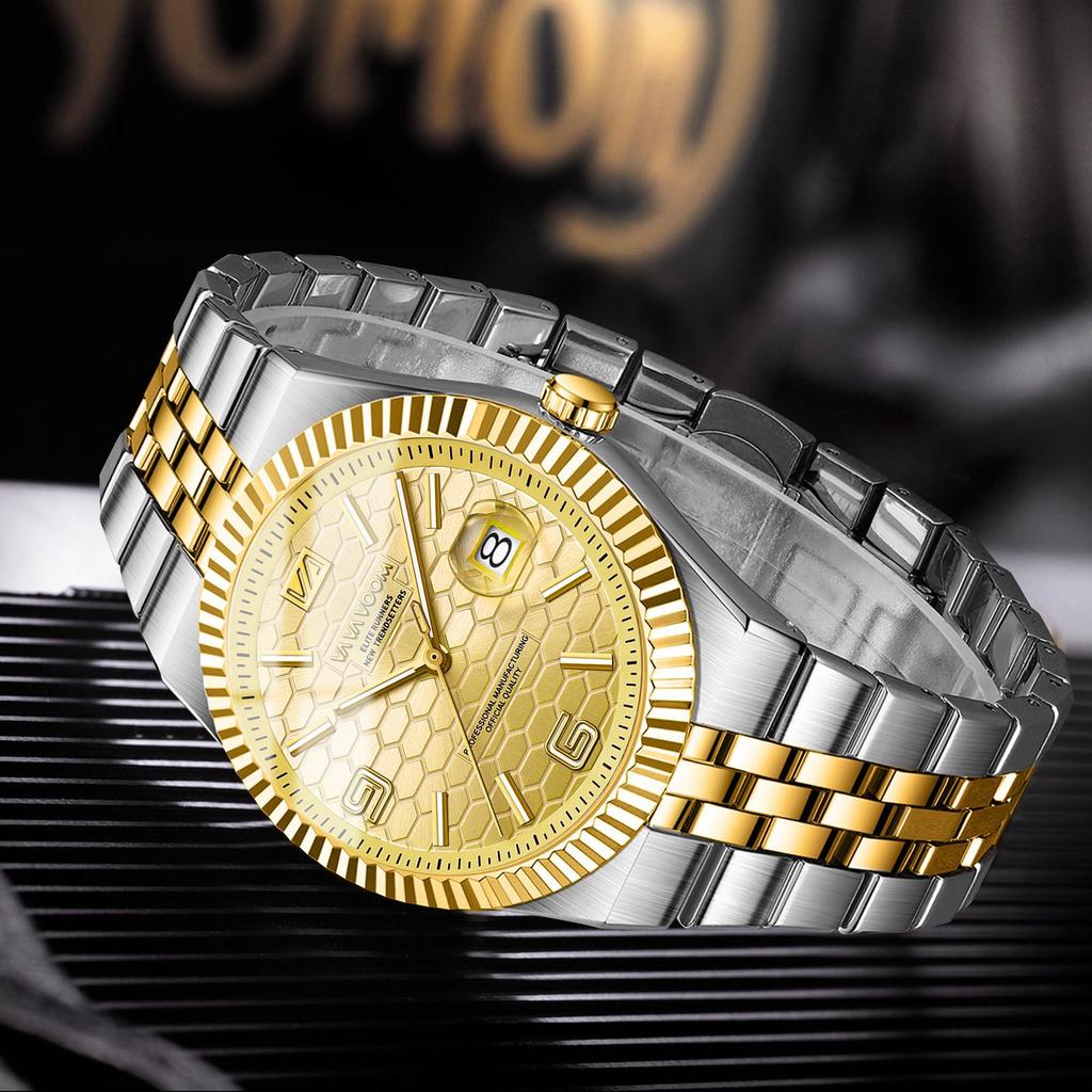 VA VA VOOM Men's Business Steel Belt Watch Honeycomb Texture Waterproof Luminous Watch High Value Calendar Watch