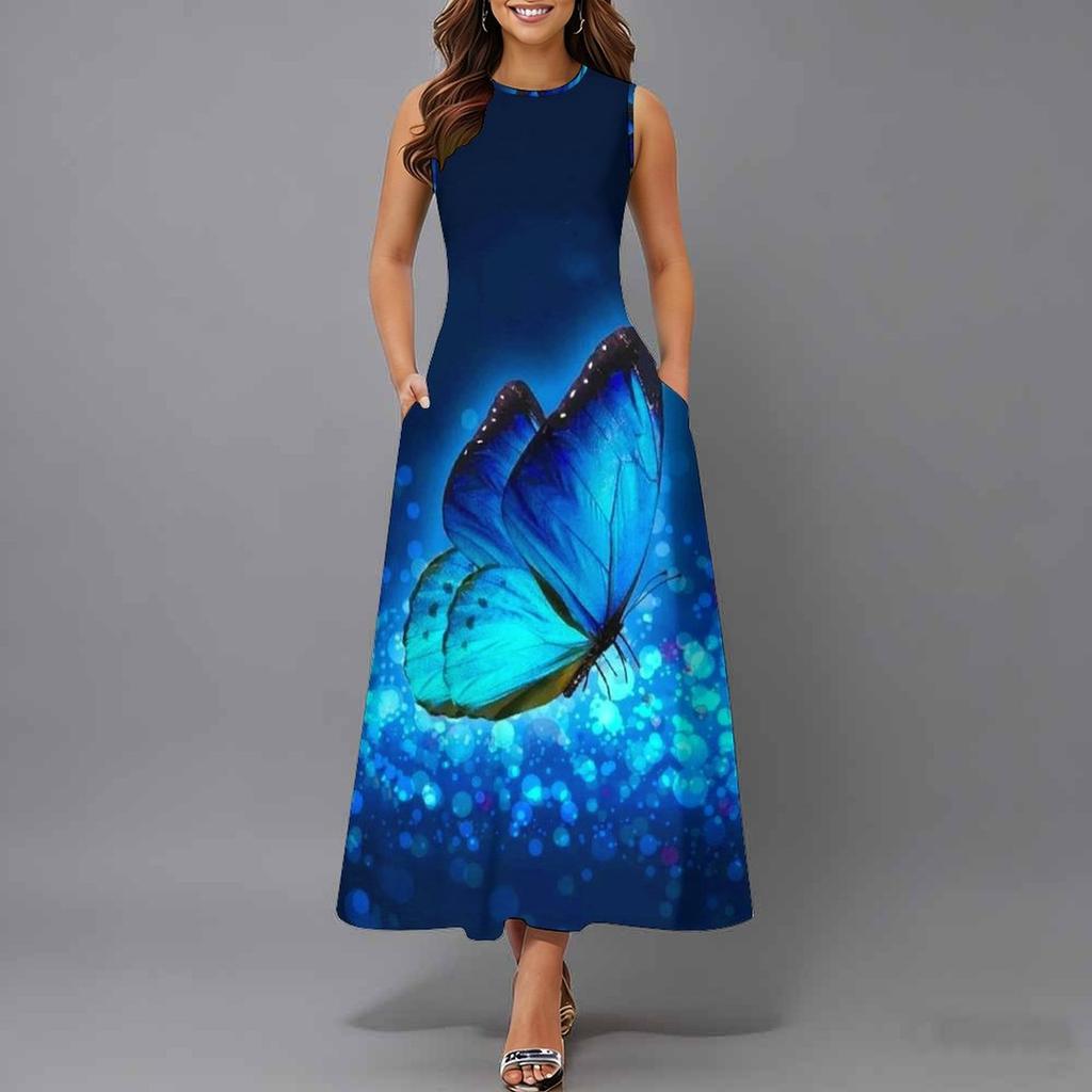Women Oversized Sleeveless Round Neck Dress Jungle Foliage Pattern Flowy Calf Length Dress