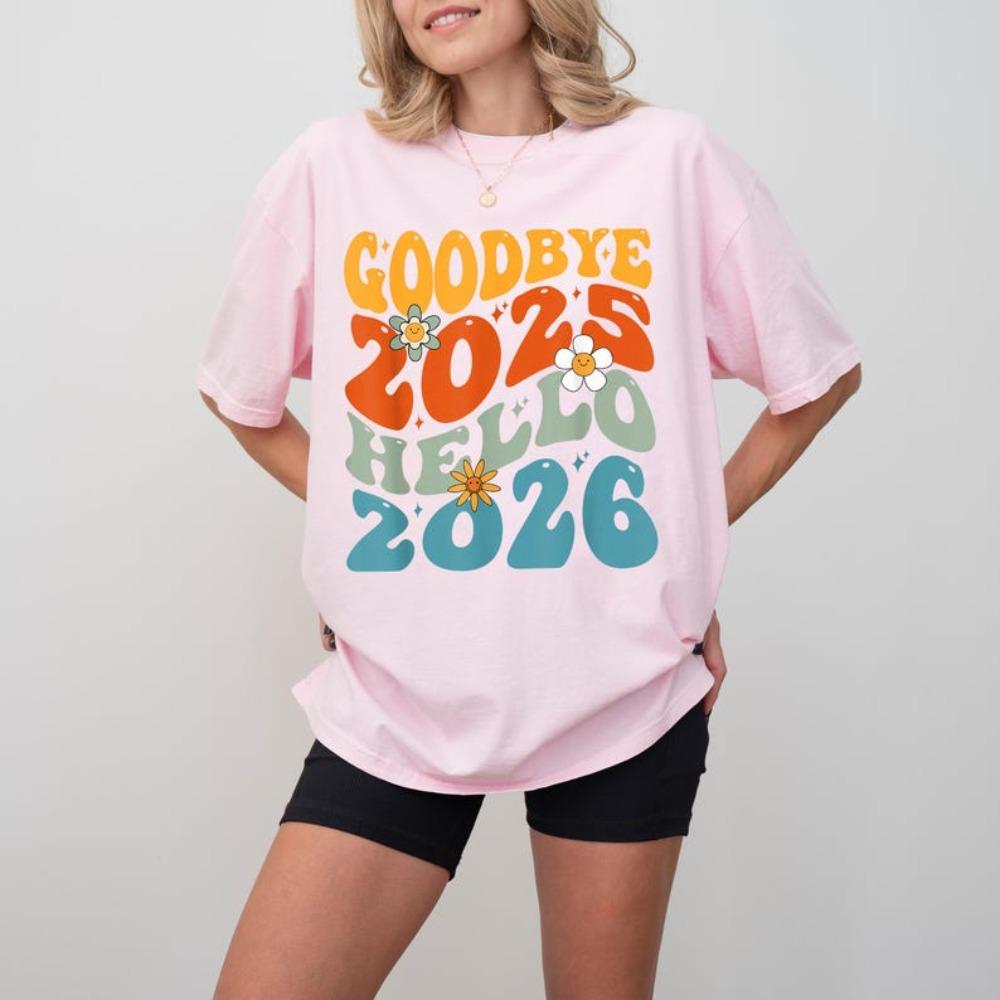 Goodbye 2025 Hello 2026 Shirt Retro Groovy New Year T Shirt Colorful Daisy Vintage Style Tee Happy New Year Party Women Outfit S