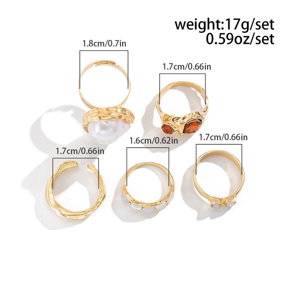 New Unique Design Liquid State Lava Flower Open Mouth Rings for Wonen Baroque Pearl Combination Ring Six-Piece Rings Set Jewelry