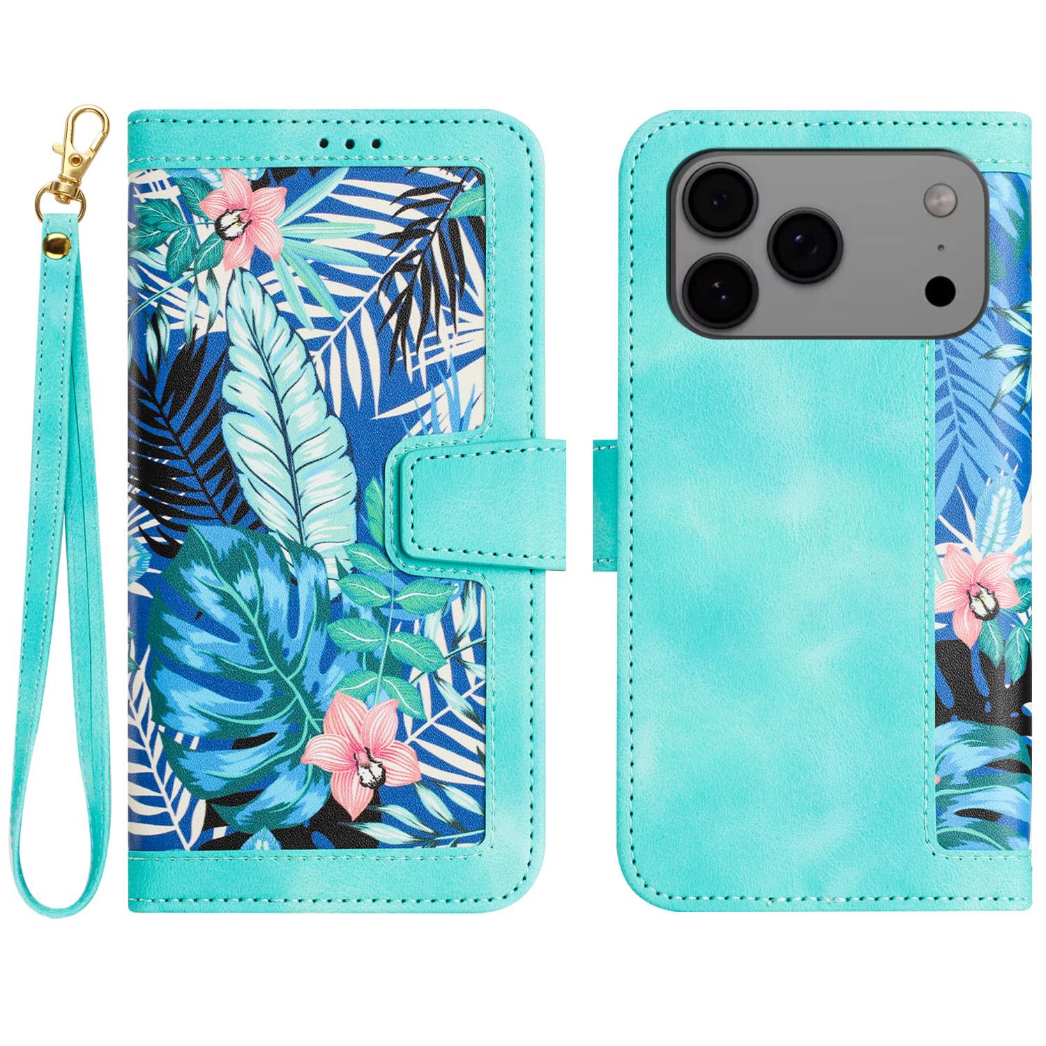 

For iPhone 17 Pro Max Case PU Leather Floral Phone Cover with Card Slots Green