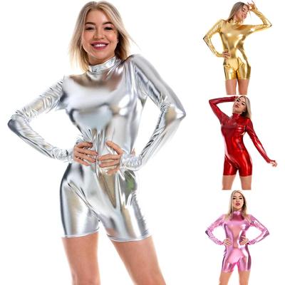 Damen Langarm Trainingsanzug Hose Sexy Glänzend Bodysuits Jumpsuit für Party Club