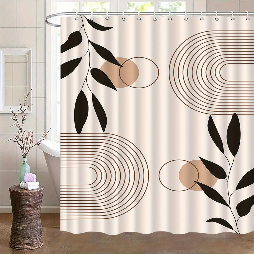 Geometric Leaf Shower Curtain  Minimalist Black Branches & Gold Circles, Modern Abstract Art for Contemporary Bathroom Decor