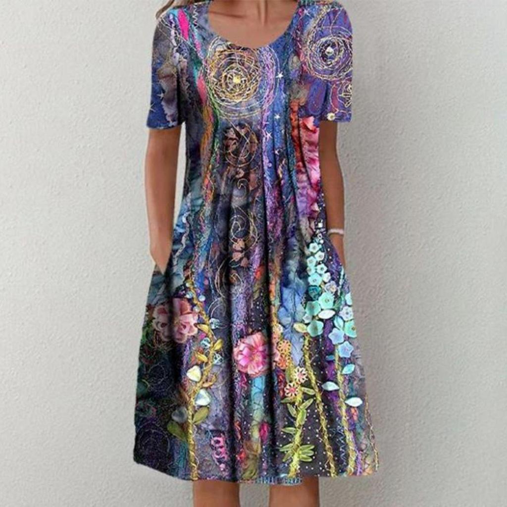 2023 Women's Plus Size Maxi Dress - New Fashion Print, Round Neck, Short Sleeve