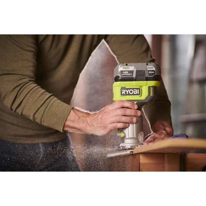 RYOBI - Affleureuse À Bois 18V ONE+ - 30 000 Tr/min - Pince 6 Mm - Avec 1 Pince De 6 Mm, 1 Mèche De Coupe, Clé, Guide - RTR18-0