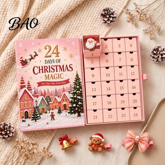 Colecție Festivă de Accesorii pentru Păr Calendar Advent cu Clipsuri de Crăciun 24 de Zile, Cutie Numărătoare Inversă pentru Fete cu Surprize Zilnice Agrafe de Păr 24 de Agrafe Drăguțe de Păr, Sărbători