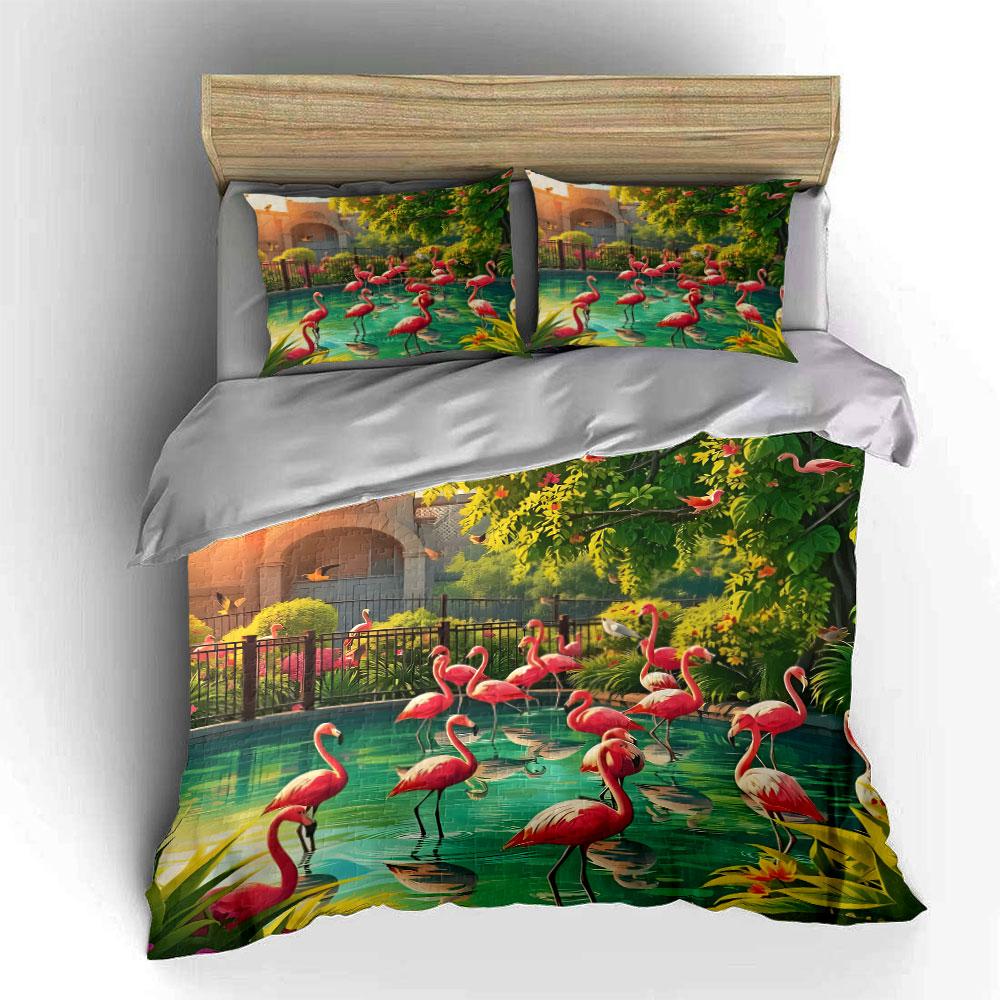 Tropical Flamingo Landscape Decoration Set Soft Comfortable Duvet Cover Bedding Set Included 1*Duvet Cover & 2*Pillowcases,Gift