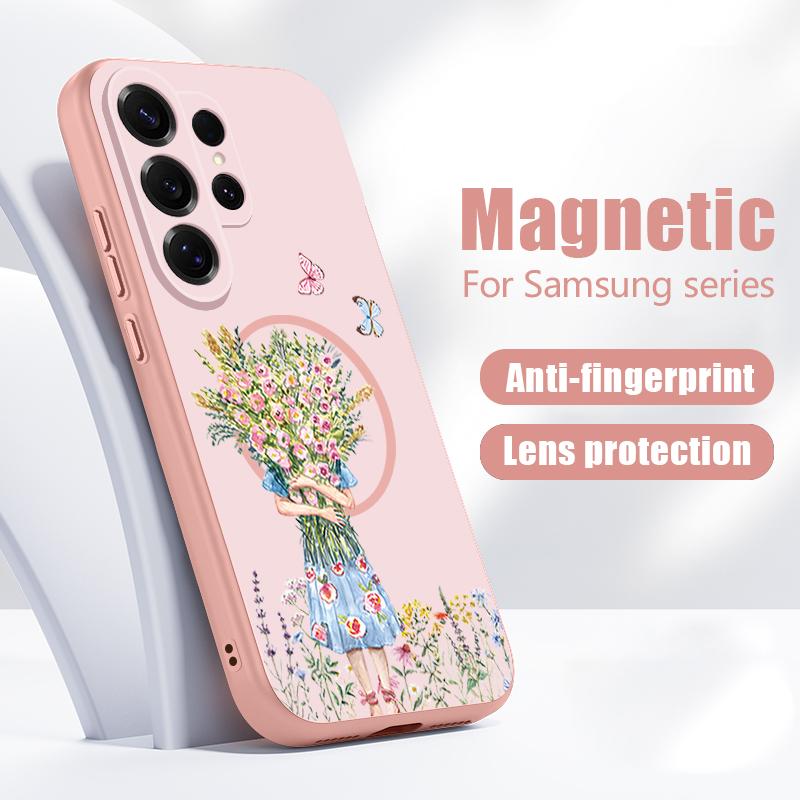 Cartoon Flower Girl Pattern Case For Samsung Galaxy S26 Ultra S25 Edge S24 Plus S23 FE S22 A54 A55 A56 5G Magnetic For Magsafe Matte Cover