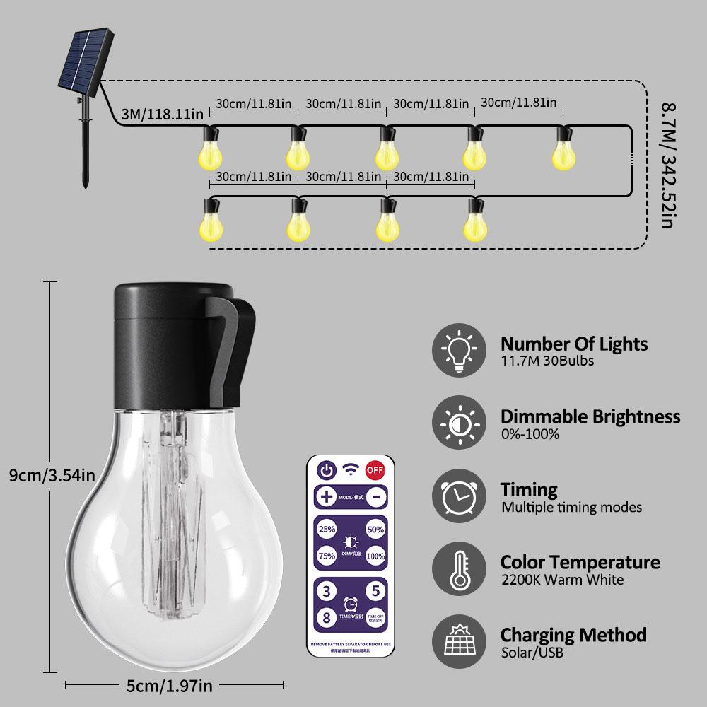 Solar String Lights Outdoor, Waterproof LED USB & Solar Powered Outdoor String Lights with Edison Bulbs, Shatterproof Patio 0-5W