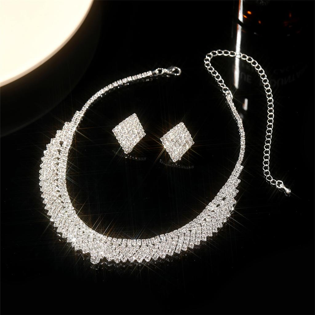 Geometric Square Rhinestone Necklace Earrings Two-piece Set, Fashion Bridal Jewelry Set, Dress Accessories