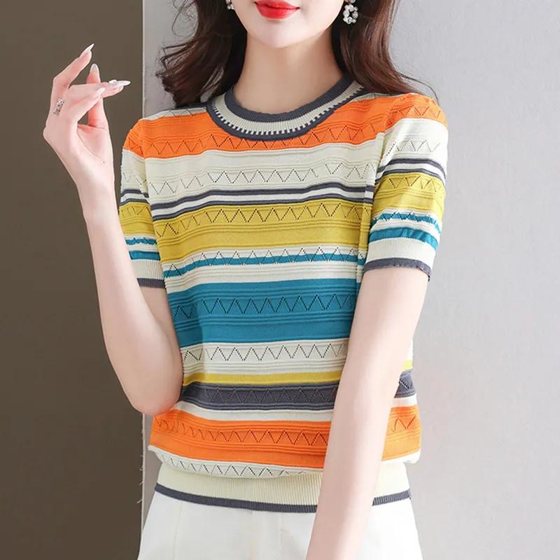 Women T shirt Striped Color block Short sleeve Knit Crew neck Casual Vintage S оранжевый