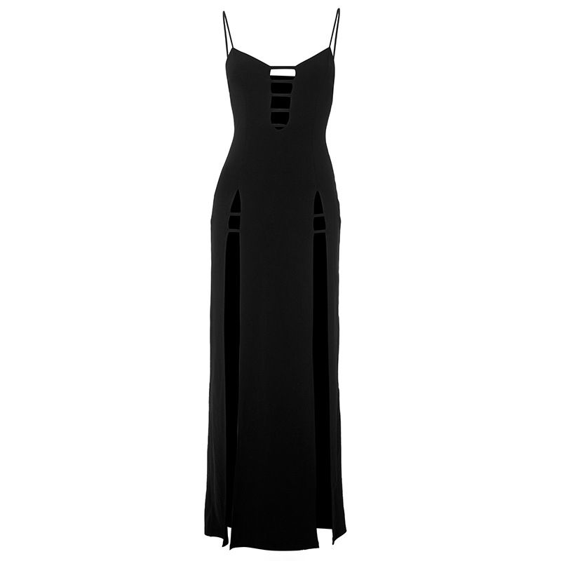 

European and American Sexy Sexy V Neck Cutout Sling Dress Summer New Arrival High Slit Slim Fit Open Back Long Skirt Fashion Black L