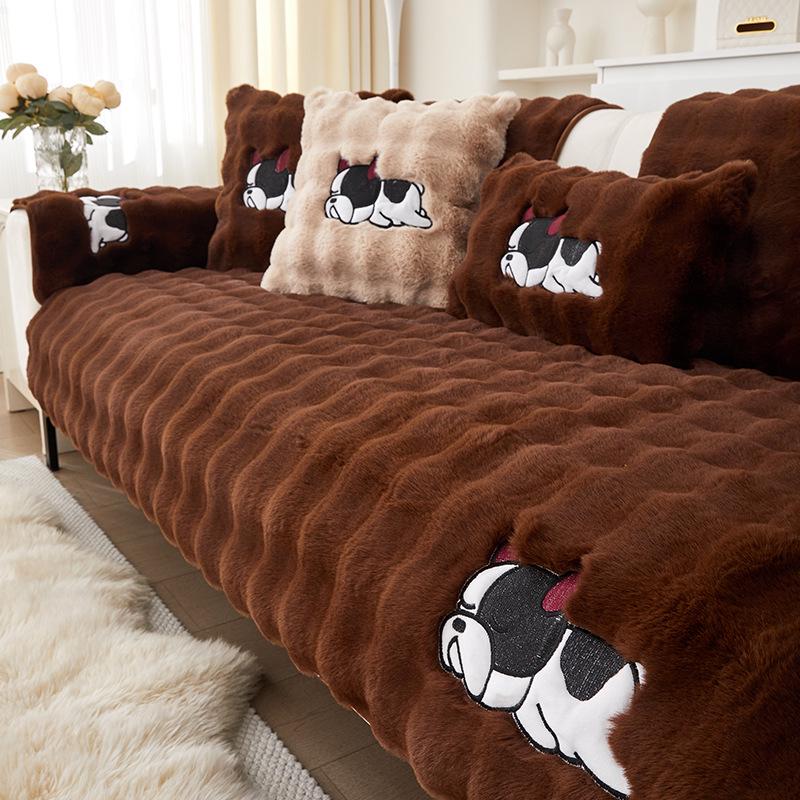Large Rabbit Fur Plush Sofa Cushion - Winter 2025 Fleece Lined, Thickened, Non-Slip Leather Cover