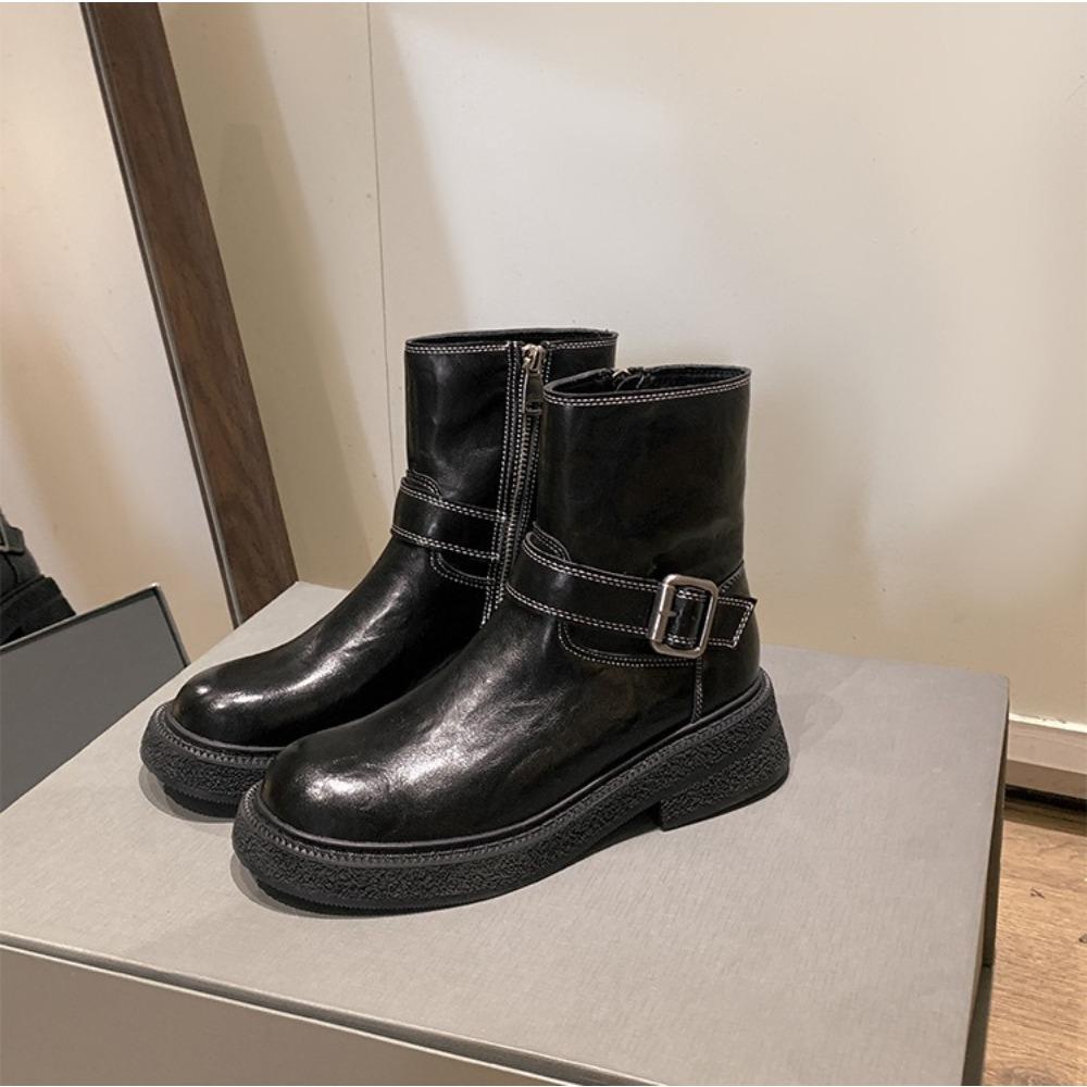 Bootie Women'S Autumn Winter New Side Zipper Thick-Soled Medium Boots Women'S Retro Round Head Thick Heel Thin Short Boots Women