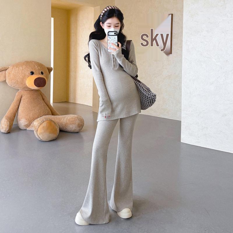 Maternity Chic: Korean-Style Long Sleeve Top & Micro Flare Pants Set for Spring/Autumn